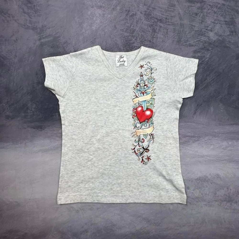 Vintage Y2K Grey Get Lucky Dagger Heart V-Neck Baby Tee Ed Hardy Tattoo Style
